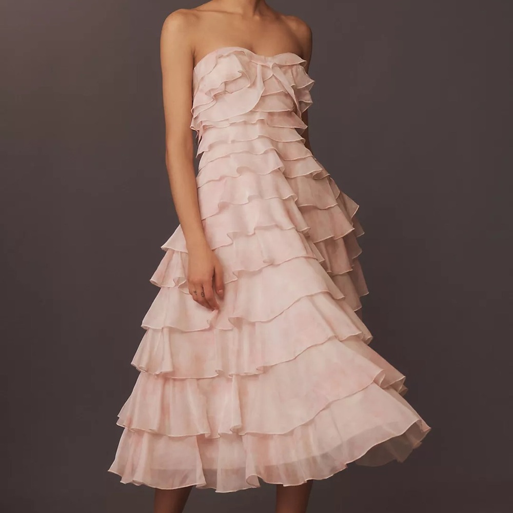 BHLDN Strapless midi Ruffle Dress